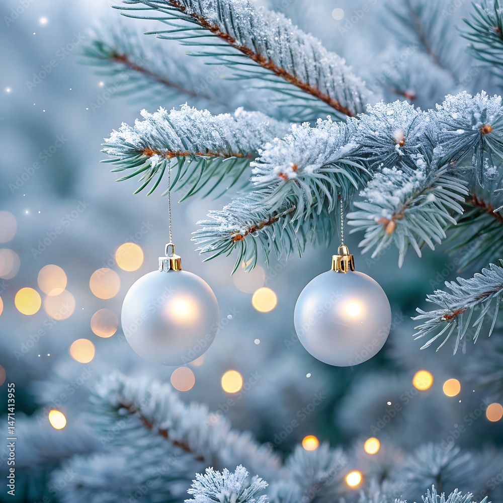A captivating holiday scene featuring frosted evergreen branches adorned with elegant silver ornaments and soft, shimmering bokeh lights. A captivating holiday scene featuring frosted evergreen branches adorned with elegant silver ornaments and soft, shimmering bokeh lights.