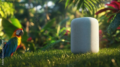 Modern smart speaker on lush green grass surrounded by tropical plants and colorful parrot in vibrant outdoor setting