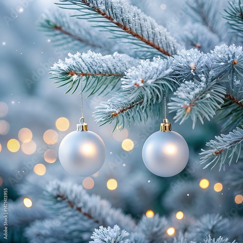 A captivating holiday scene featuring frosted evergreen branches adorned with elegant silver ornaments and soft, shimmering bokeh lights. 
