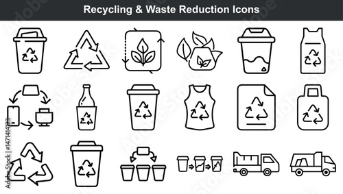 Collection of minimalist recycling and waste reduction icons in various shapes and styles.