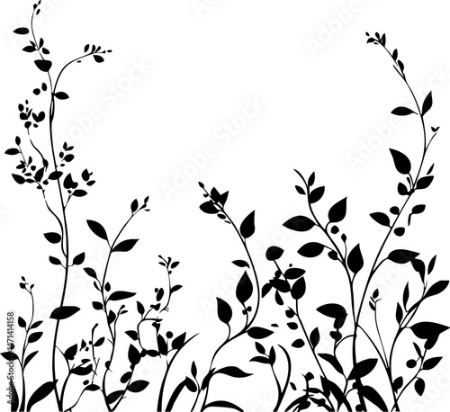 Small leaf plant silhouette pattern wallpaper. Black and white. minimal artwork. simple template. tattoo design. card and package. PNG tranparent.
