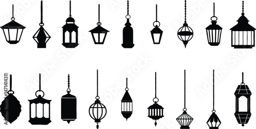 Set of hanging lanterns, Arabic vintage lamp silhouette vector graphic elements collection