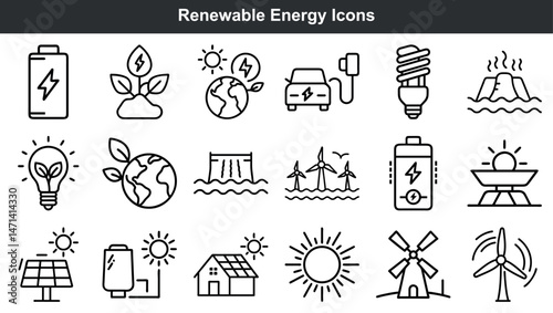 Vector icons illustrating renewable energy sources and sustainable power generation