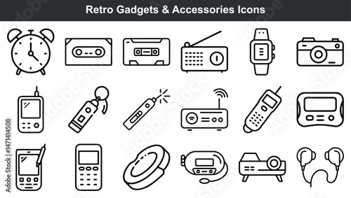 Collection of line art icons depicting retro gadgets and accessories in black and white