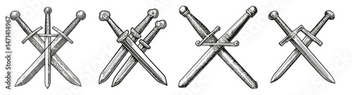Vintage Sword Illustrations with Four Unique Designs and Styles, Logo Design, Hand drawing Engraving, Vector Illustration Isolated Object
