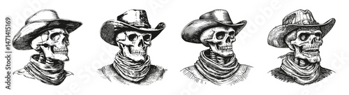 Vintage Cowboy Skeleton Illustrations with Distinct Hats and Scarves, Logo Design, Hand drawing Engraving, Vector Illustration Isolated Object