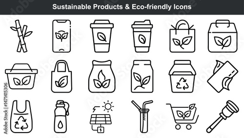 Collection of sustainable eco friendly icons illustrating various environmentally conscious products