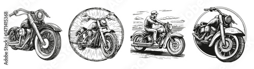 Vintage Motorcycle Illustrations in Black and White Style, vector illustration, engraving design, logo design set, black and white line, template design element