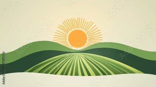 A vibrant organic farm logo with a rising sun and a crop field in a minimalist, modern design