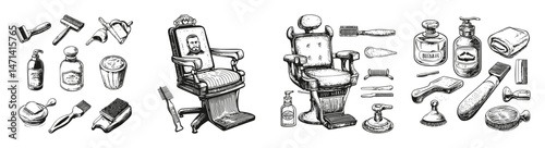 Vintage Barbershop Tools Illustration with Chairs and Accessories, vector illustration, engraving design, logo design set, black and white line, template design element