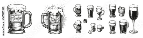 Vintage Beer Mugs and Glasses with Foam and Intricate Designs, vector illustration, engraving design, logo design set, black and white line, template design element