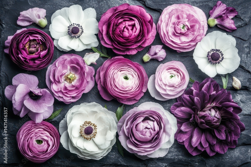 Fototapeta premium Floral Flat Lay of Pink and White Ranunculus and Anemone Flowers on Dark Slate Background Overhead View