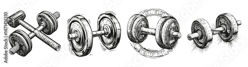 Vintage Fitness Icons with Dumbbell and Barbell Vector Illustrations, vector illustration, engraving design, logo design set, black and white line, template design element