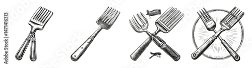 Vintage Barbecue Utensil Illustration with Cross Forks and Spoons, vector illustration, engraving design, logo design set, black and white line, template design element