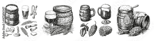 Vintage Woodcut Illustrations of Beer Brewing Elements and Glasses, vector illustration, engraving design, logo design set, black and white line, template design element