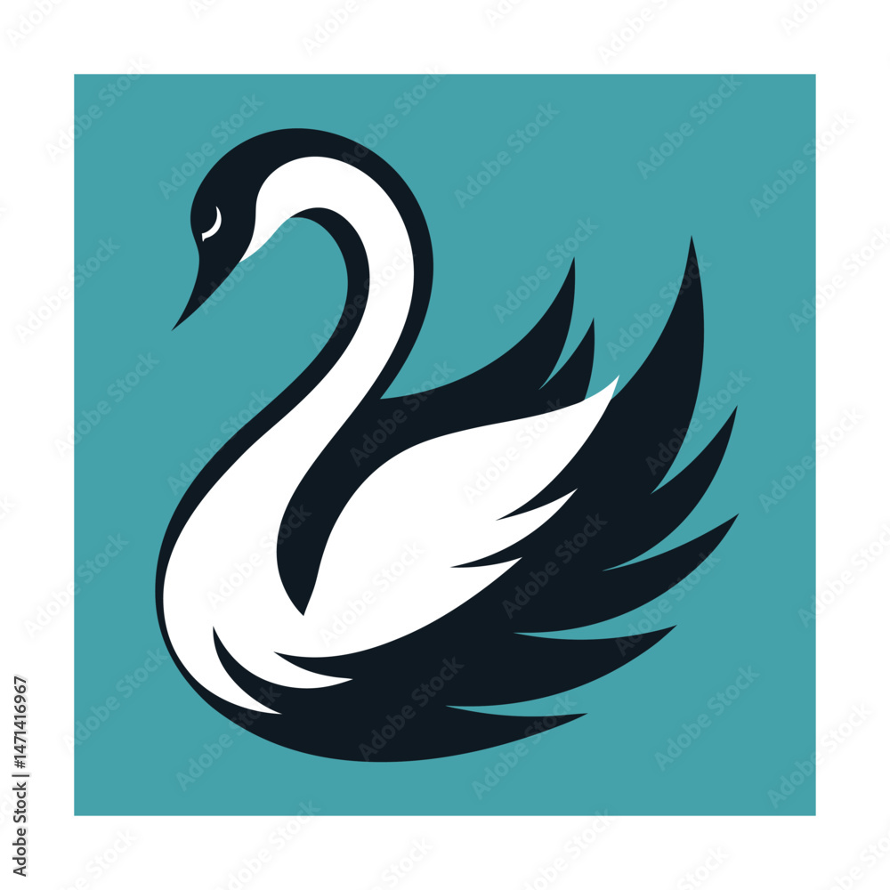 Fototapeta premium Elegant vector illustration of a black and white swan in teal square frame