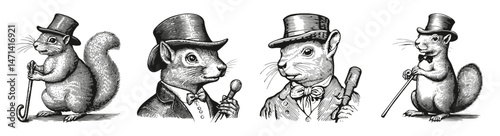 Elegant Squirrels in Top Hats with Canes and Accessories Artwork, vector illustration, engraving design, logo design set, black and white line