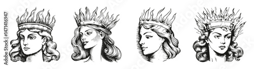 Vintage Illustrations of Women with Crown and Flames in Profile View, vector illustration, engraving design, logo design set, black and white line
