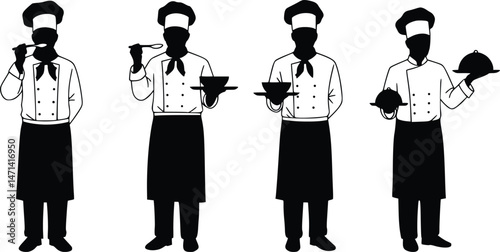 Set of four chef silhouettes in various poses, each holding different cooking tools and showcasing culinary expertise