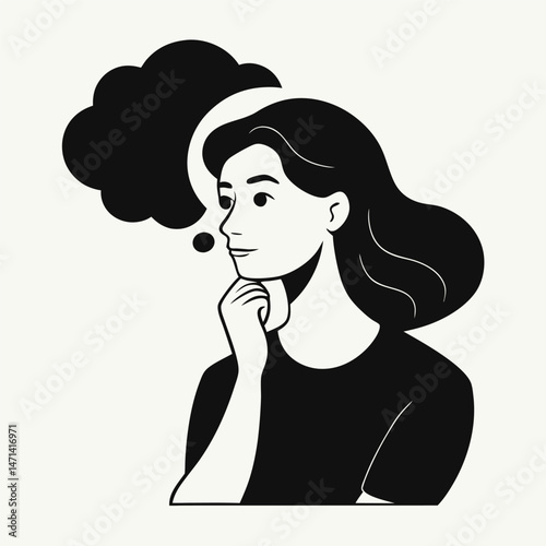 Thoughtful Woman with Thought Bubble Black and White Illustration