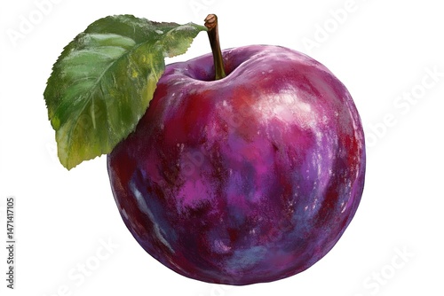 A single ripe plum with its soft, deep purple skin, isolated against a blank white backdrop