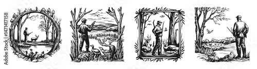 Detailed Nature Engravings Featuring Hunters and Wildlife Scenes, vector illustration, engraving design, logo design set, black and white line