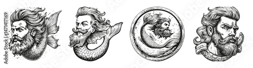 Vintage Artistic Illustrations of Merfolk with Elaborate Beards, vector illustration, engraving design, logo design set, black and white line