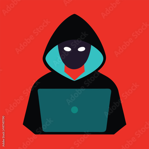 Anonymous Hacker Using Laptop Computer Digital Art Illustration