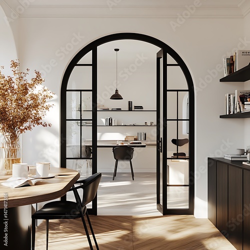 Inviting Workspace with Black Framed Archway Interior Design and Contemporary Flair Showcasing Stylish Home Office Setup and Elegant Decor