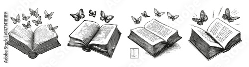 Enchanted Open Books with Butterflies Illustrating Imagination, vector illustration, engraving design, logo design set, black and white line