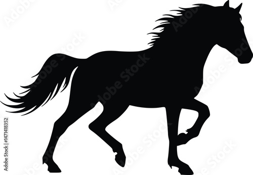 Silhouette of a trotting horse with flowing mane and tail, isolated vector illustration