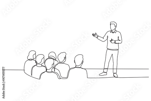 Continuous Line Drawing of Audience in Conference Hall – Public Speaker Giving Instructions