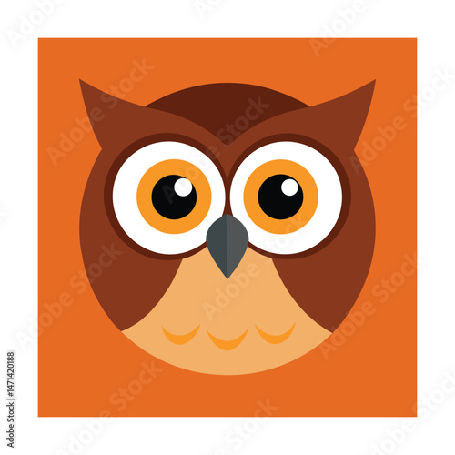 Adorable illustration of a friendly owl face on a bright orange background ready for design