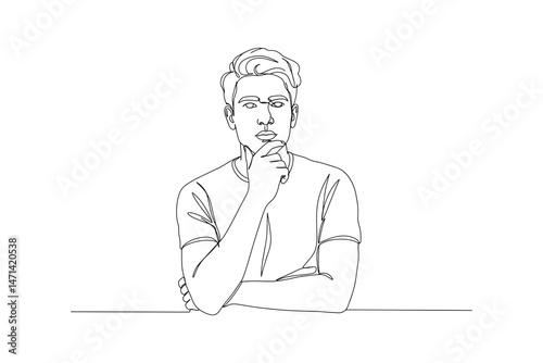 Continuous Line Drawing of a Young Man in Thought – Contemplative Portrait
