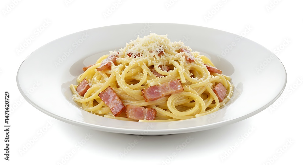 Delicious Spaghetti Carbonara Served on White Plate Delicious Spaghetti Carbonara Served on White Plate