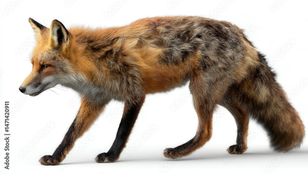 Fototapeta premium Red fox walking gracefully through a snowy landscape at sunset near a quiet forest