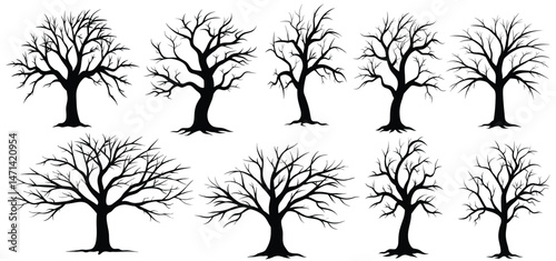 Black Silhouette of Different Tree Designs in a Minimalist Style vector illustration