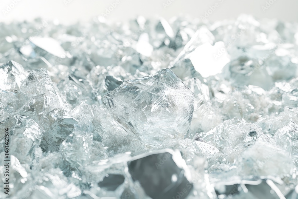 Close-up view of crushed ice fragments, translucent and glassy. Variety of shapes and sizes, glistening under light Close-up view of crushed ice fragments, translucent and glassy. Variety of shapes and sizes, glistening under light