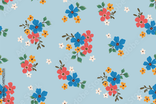 Seamless floral pattern, liberty ditsy print in romantic folk motif. Pretty botanical design of small hand drawn flowers, tiny leaves, simple spring bouquets on blue. Vector illustration.