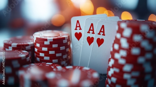 Winning poker hand with playing cards and chips in vivid casino setting