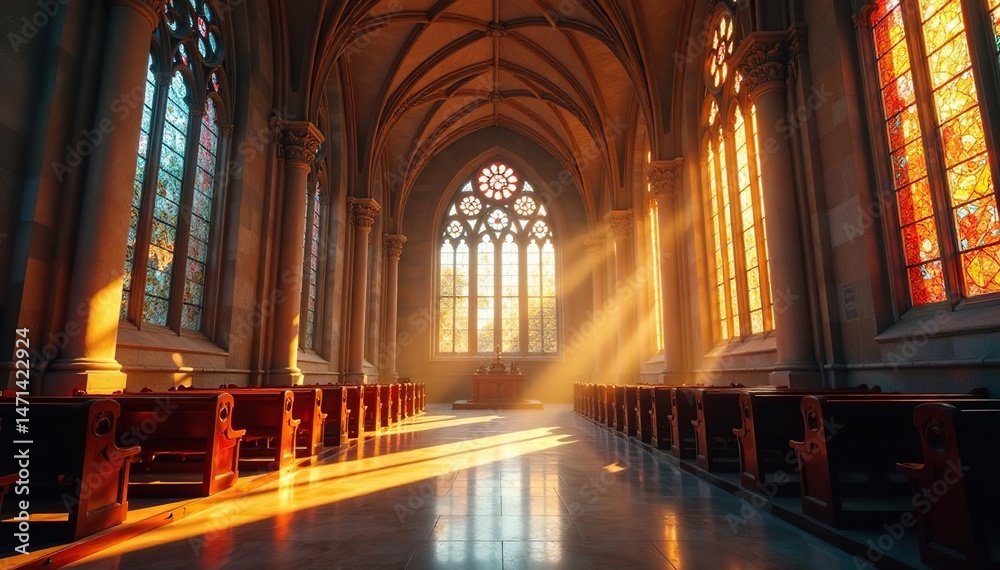Fototapeta premium A serene church interior, sunlight streaming through stained glass windows , christianity, window