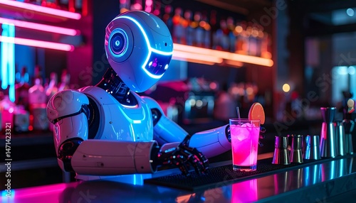 Futuristic Robot Bartender in Neon-Lit Bar
