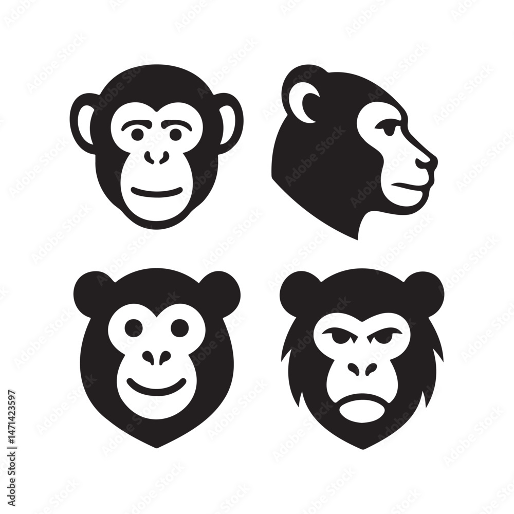 Fototapeta premium monkey face animal silhouette vector cartoon pack
