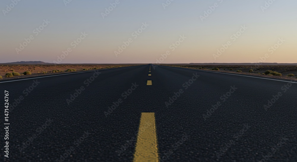 Naklejka premium Empty highway stretches into the horizon at dawn. Vast, open road