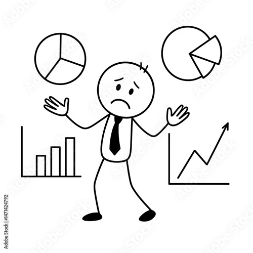 Confused businessman with charts and graphs
