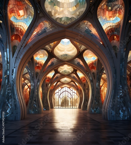 Illuminating Archways A Journey Through Light and Shadow Architectural Brilliance in a Stained Glass Sanctuary Hallway of Artistic Expression and Visual Splendor