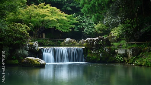 Serene Landscape of Tranquil Waterfalls and Lush Greenery A Symphony of Nature's Beauty in a Peaceful Environment of Calm and Reflection
