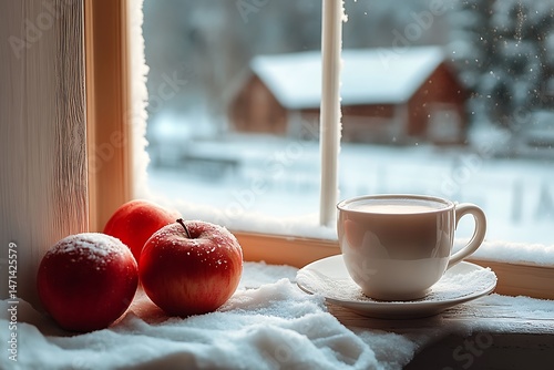 Cozy Winter Morning Still Life with Snow Covered Apples and Warm Drink by the Window with Snowy Landscape View