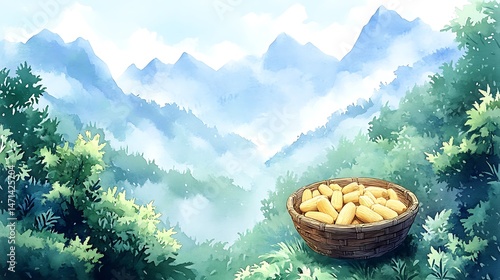 Basket of Golden Treats Amidst Rolling Green Hills A Symphony of Nature's Bounty and the Promise of Delightful Moments to Cherish