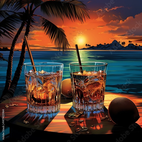 Tropical Sunset Cocktails Refreshment By The Sea A Beautiful Evening Paradise Escape A Moment Of Summer Relaxation